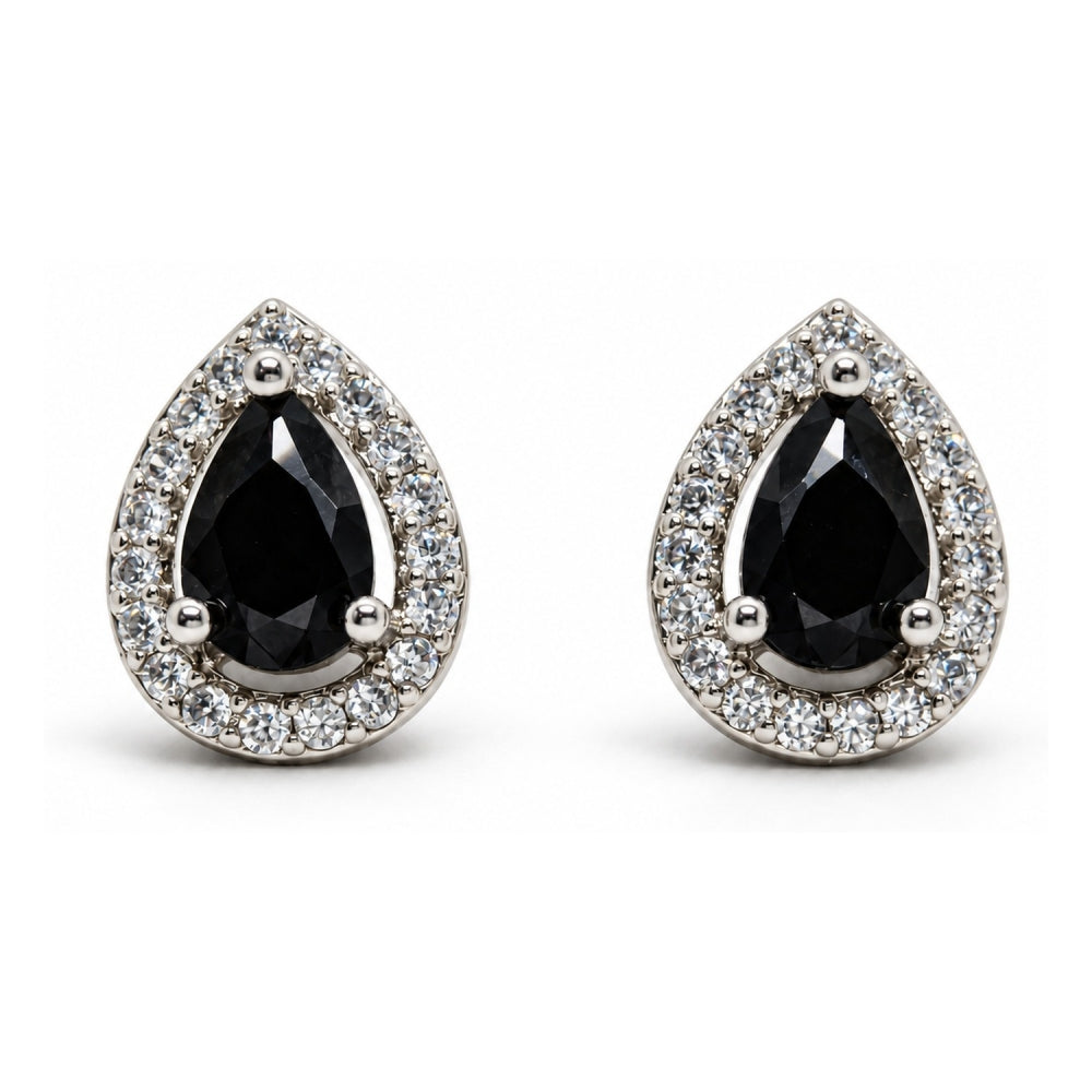 White Gold Filled Stud Earring, Teardrop and Cluster Design, with Black Cubic Zirconia and White Micro Pave, Polished, Rhodium Finish