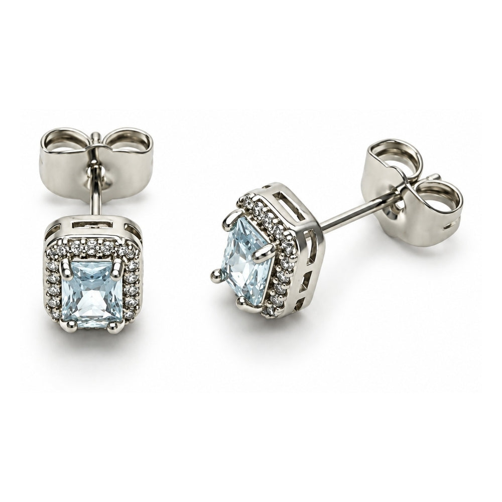 White Gold Filled Stud Earring, Cluster Design, with White Cubic Zirconia and White Micro Pave, Polished, Rhodium Finish
