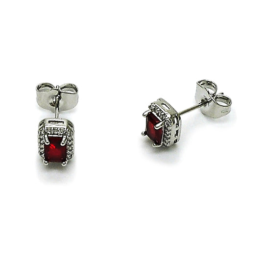 Rhodium Gold Filled Stud Earring, Cluster Design, with Garnet Cubic Zirconia and White Micro Pave, Polished, Rhodium Finish