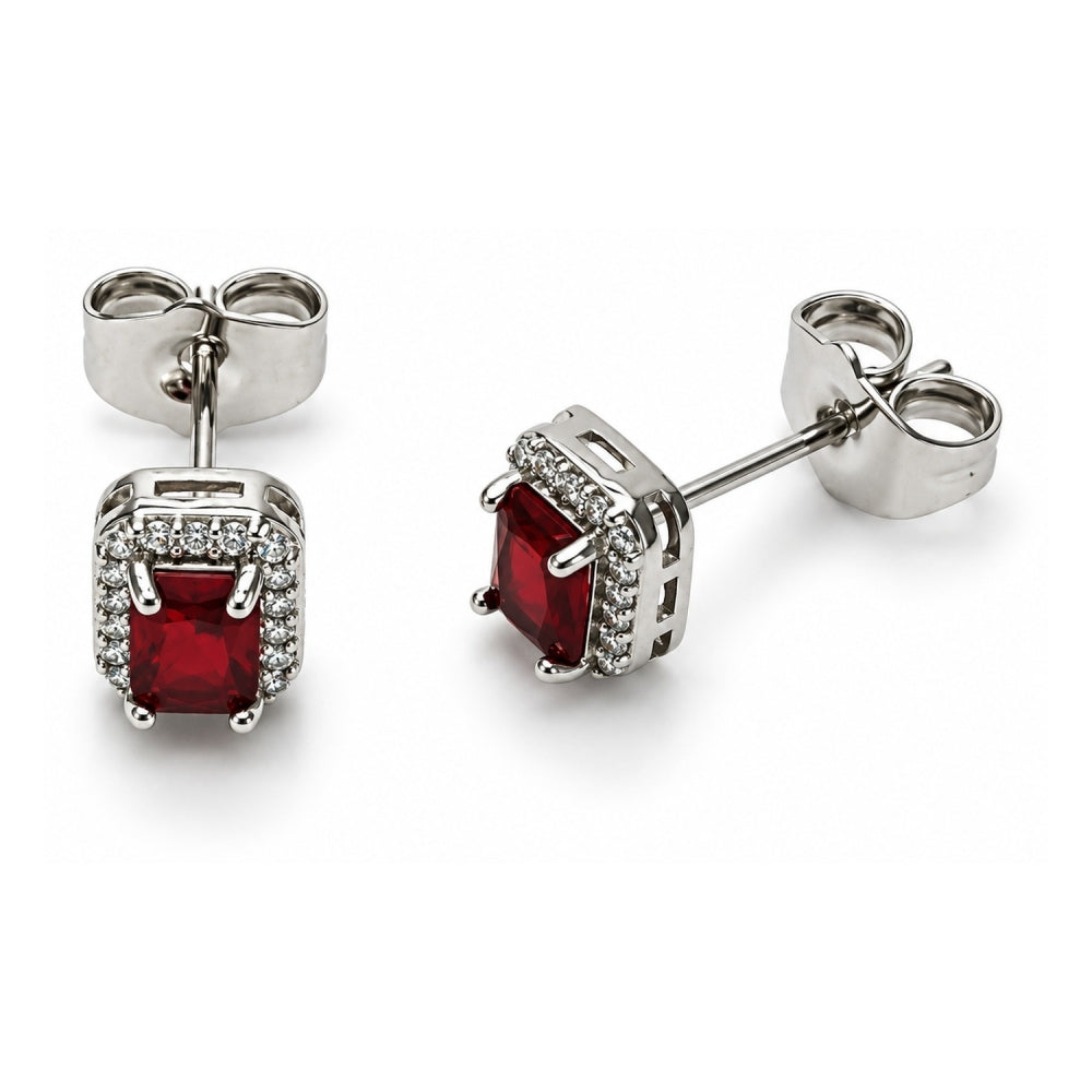 White Gold Filled Stud Earring, Cluster Design, with Garnet Cubic Zirconia and White Micro Pave, Polished, Rhodium Finish