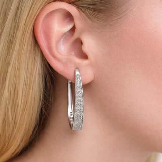 Rhodium Gold Filled Huggie Hoop, with White Micro Pave, Polished, Rhodium Finish