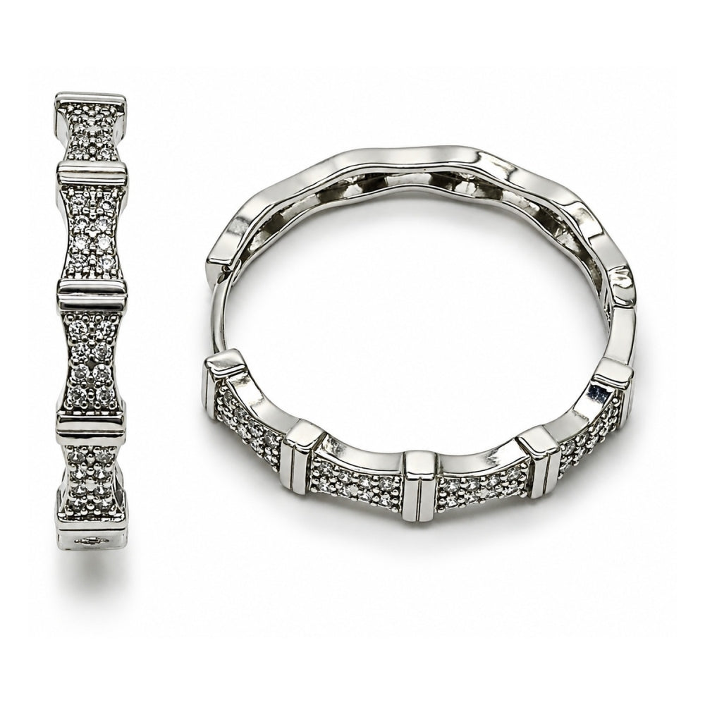 White Gold Filled Huggie Hoop, with White Micro Pave, Polished, Rhodium Finish