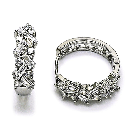 Rhodium Gold Filled Huggie Hoop, Baguette Design, with White Cubic Zirconia, Polished, Rhodium Finish