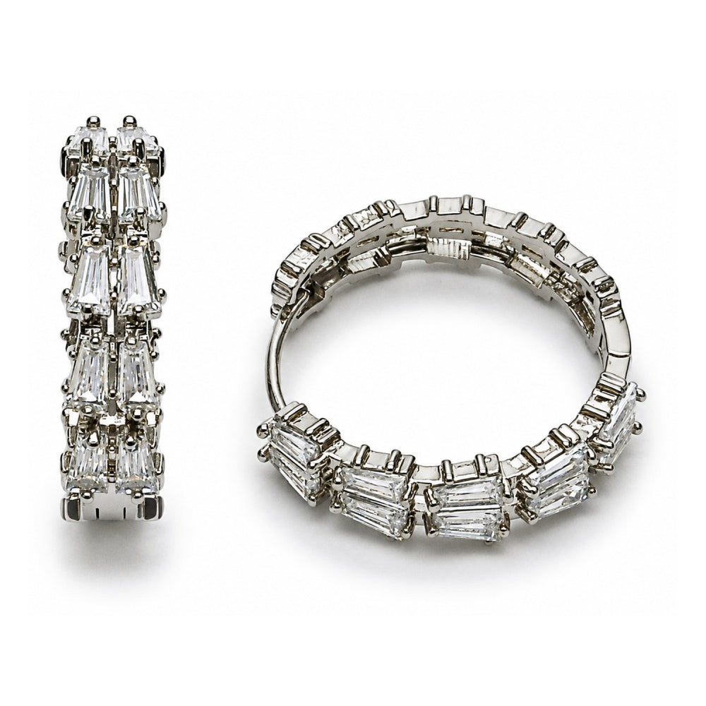 White Gold Filled Huggie Hoop, Baguette Design, with White Cubic Zirconia, Polished, Rhodium Finish