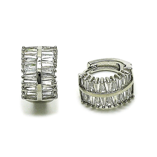 Rhodium Gold Filled Huggie Hoop, Baguette Design, with White Cubic Zirconia, Polished, Rhodium Finish