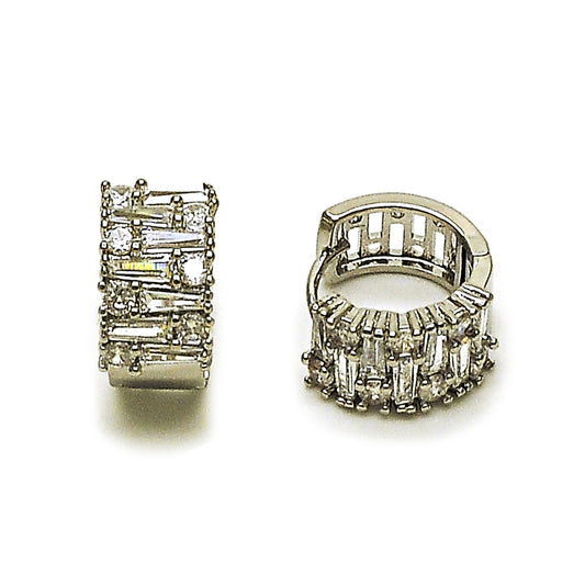 Rhodium Gold Filled Huggie Hoop, Baguette Design, with White Cubic Zirconia, Polished, Rhodium Finish