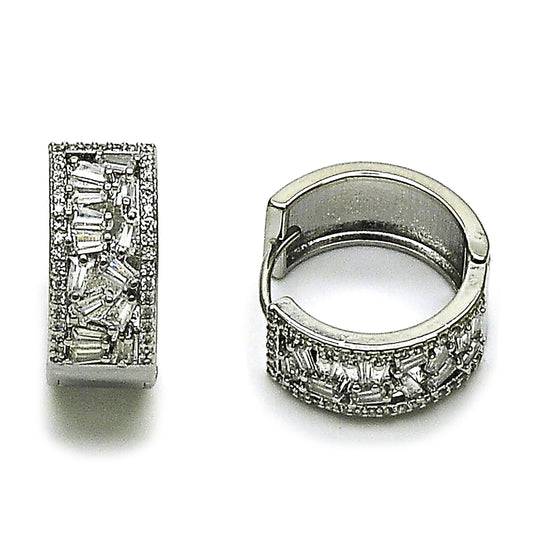 Rhodium Gold Filled Huggie Hoop, Baguette Design, with White Cubic Zirconia, Polished, Rhodium Finish