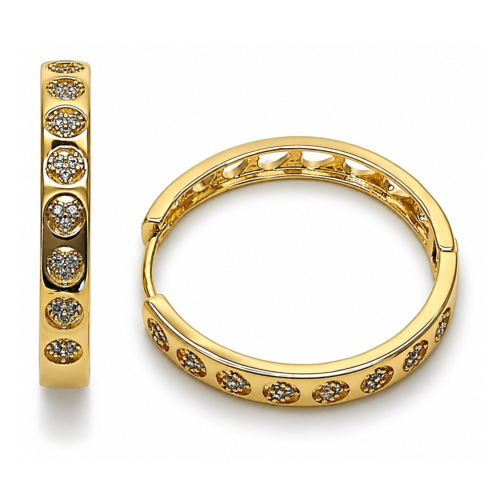 Oro Laminado Huggie Hoop, Gold Filled Style Heart Design, with White Micro Pave, Polished, Golden Finish