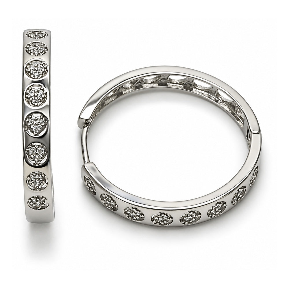 White Gold Filled Huggie Hoop, Heart Design, with White Micro Pave, Polished, Rhodium Finish