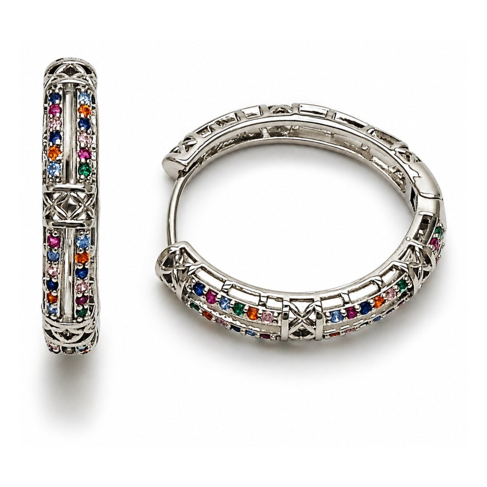 White Gold Filled Huggie Hoop, with Multicolor Micro Pave, Polished, Rhodium Finish