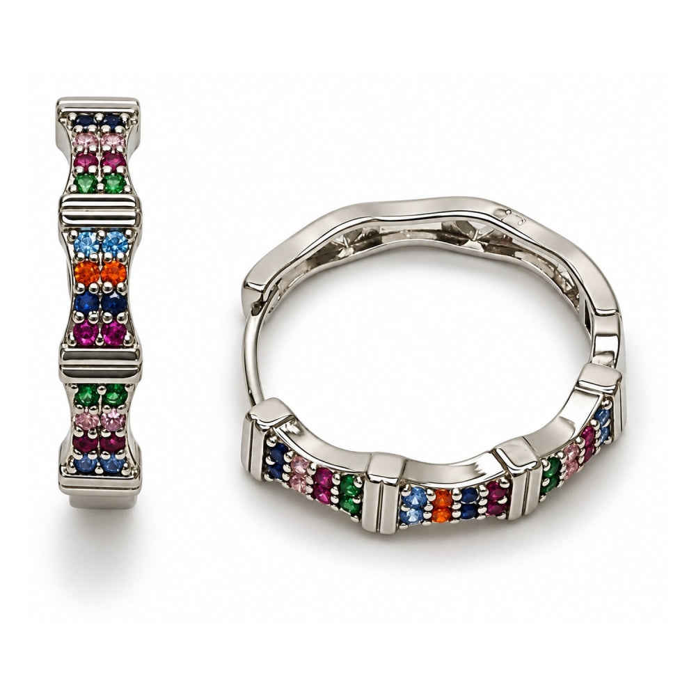 White Gold Filled Huggie Hoop, with Multicolor Micro Pave, Polished, Rhodium Finish