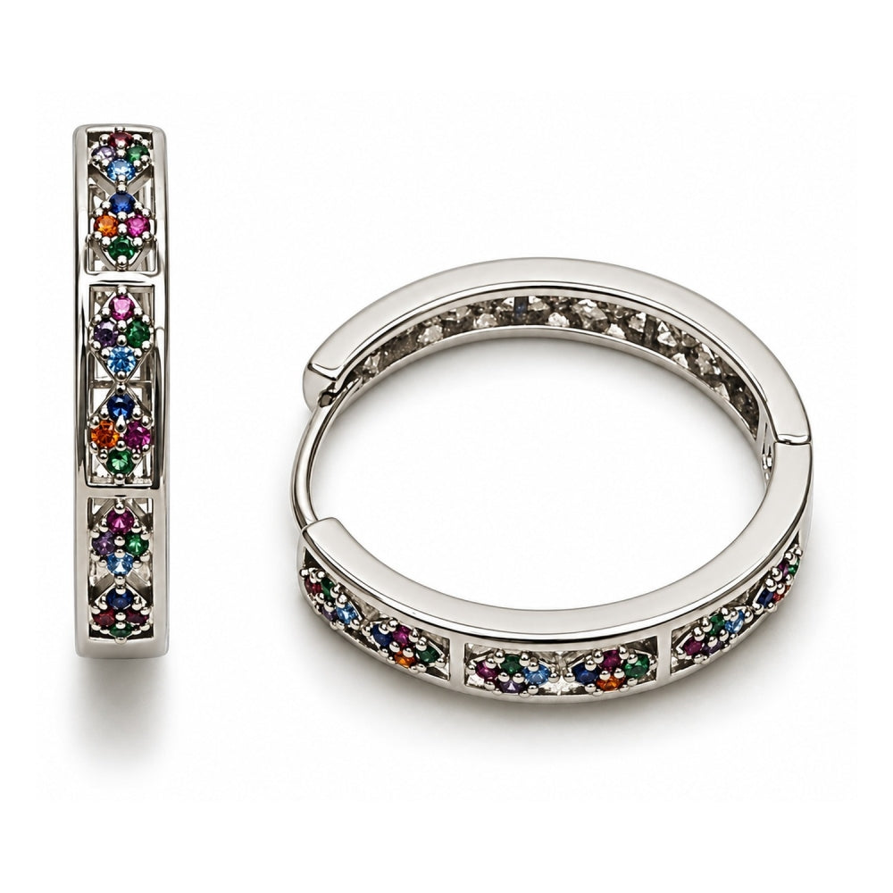 White Gold Filled Huggie Hoop, with Multicolor Micro Pave, Polished, Rhodium Finish
