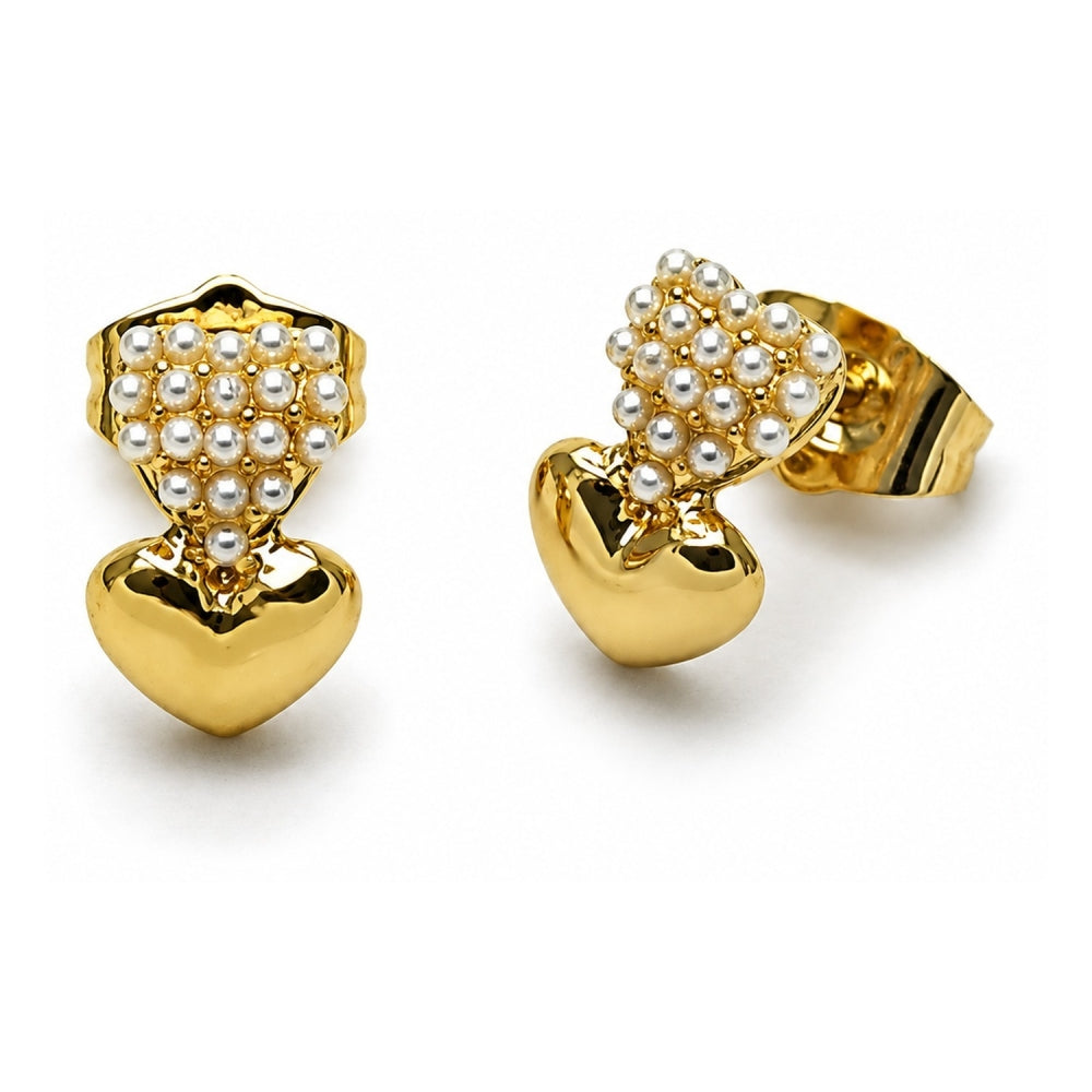 Oro Laminado Stud Earring, Gold Filled Style Heart Design, with Ivory Pearl, Polished, Golden Finish