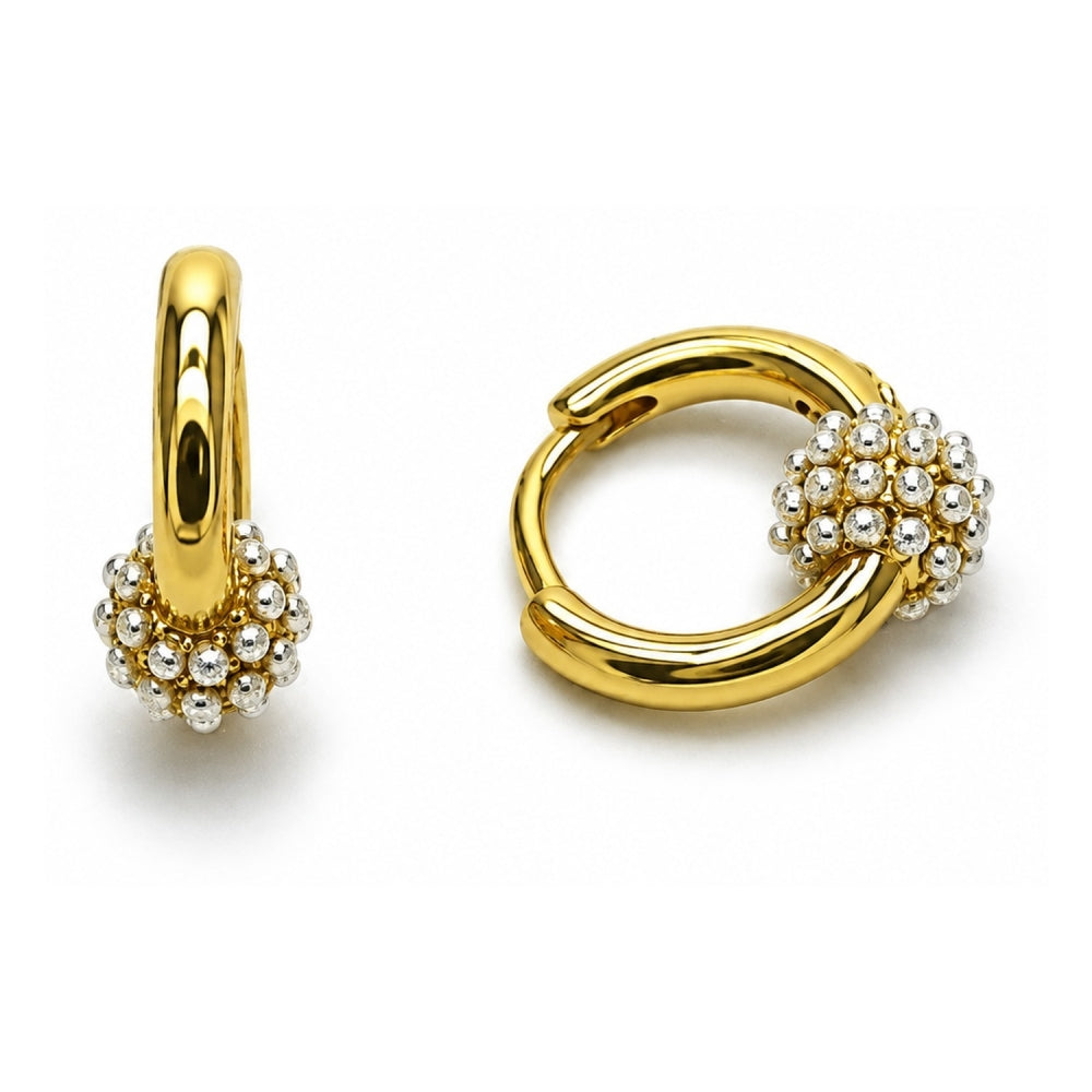Oro Laminado Huggie Hoop, Gold Filled Style Ball Design, with Ivory Pearl, Polished, Golden Finish