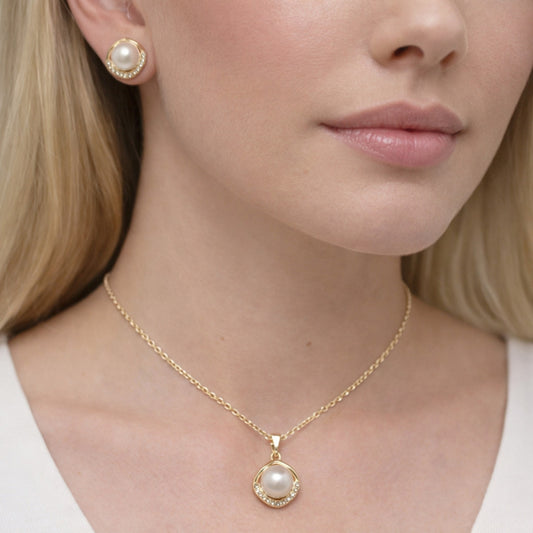 Oro Laminado Earring and Pendant Adult Set, Gold Filled Style Cluster Design, with Ivory Pearl and White Micro Pave, Polished, Golden Finish