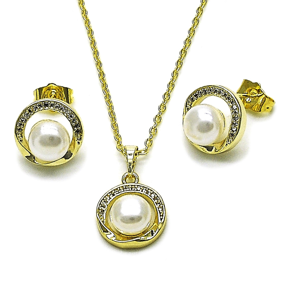 Oro Laminado Earring and Pendant Adult Set, Gold Filled Style Cluster Design, with Ivory Pearl and White Micro Pave, Polished, Golden Finish
