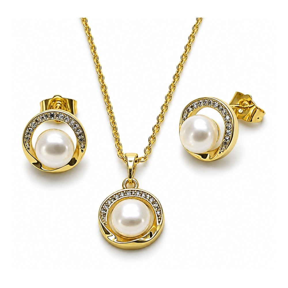 Oro Laminado Earring and Pendant Adult Set, Gold Filled Style Cluster Design, with Ivory Pearl and White Micro Pave, Polished, Golden Finish