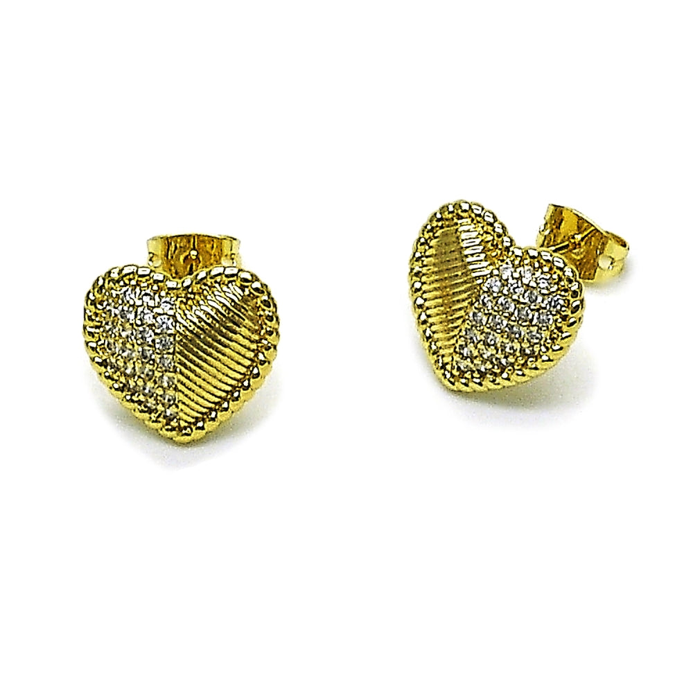 Oro Laminado Stud Earring, Gold Filled Style Heart Design, with White Cubic Zirconia, Polished, Golden Finish