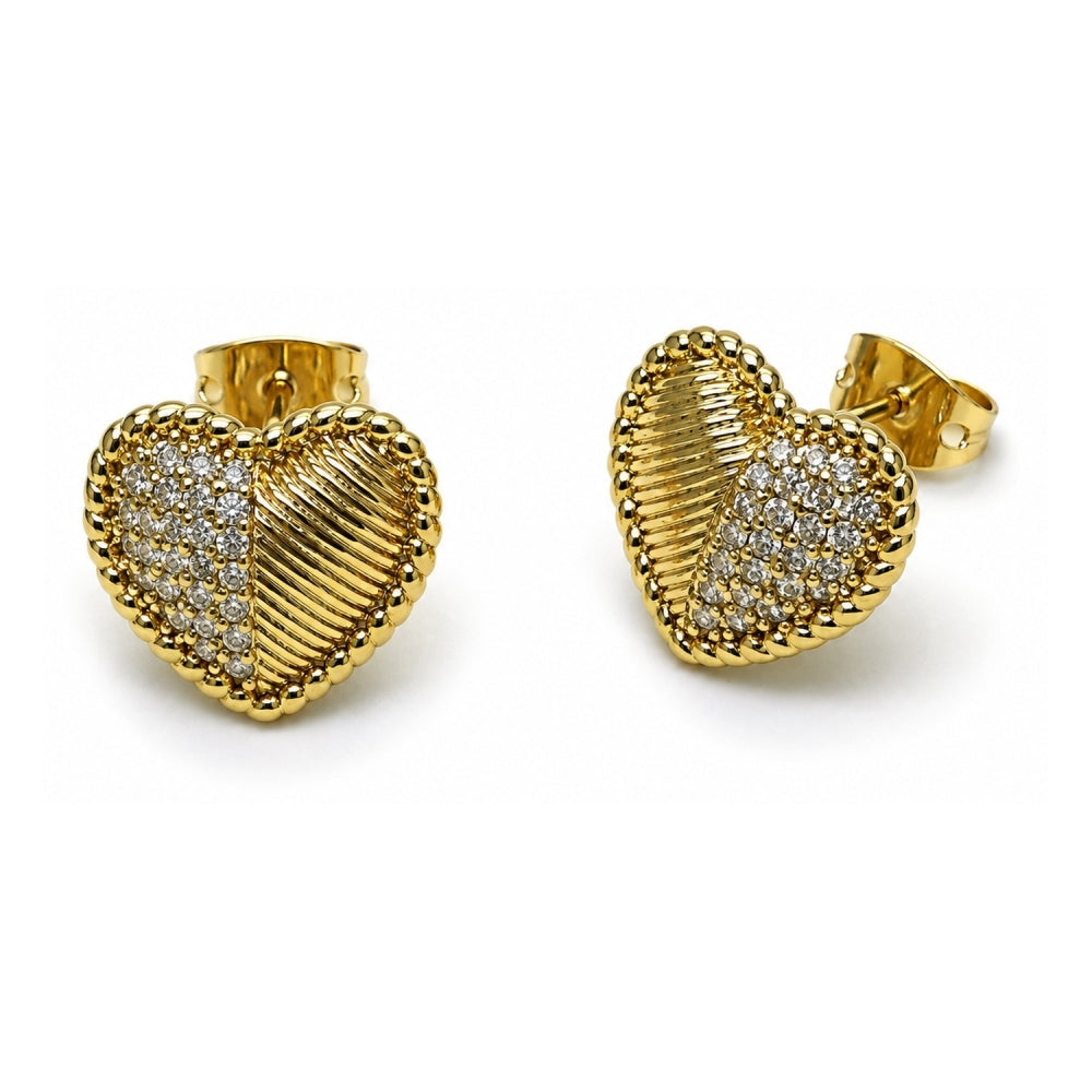 Oro Laminado Stud Earring, Gold Filled Style Heart Design, with White Cubic Zirconia, Polished, Golden Finish