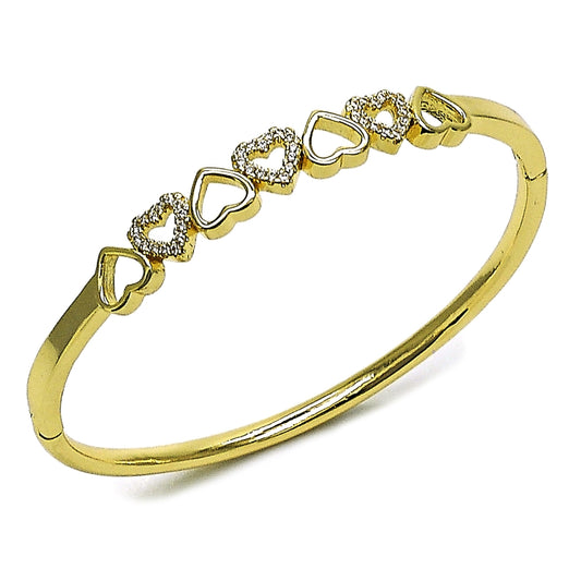 Oro Laminado Individual Bangle, Gold Filled Style Heart Design, with White Micro Pave, Polished, Golden Finish