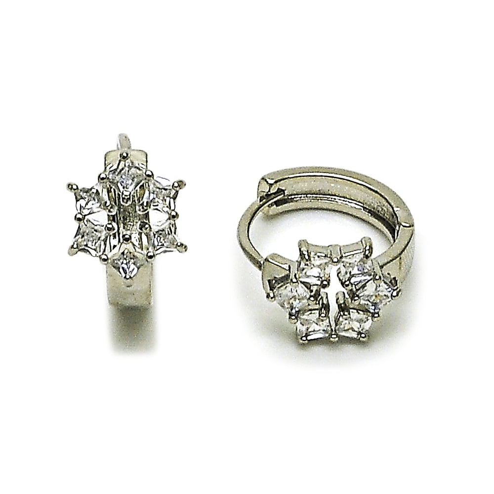 Rhodium Gold Filled Huggie Hoop, Cluster Design, with White Cubic Zirconia, Polished, Rhodium Finish