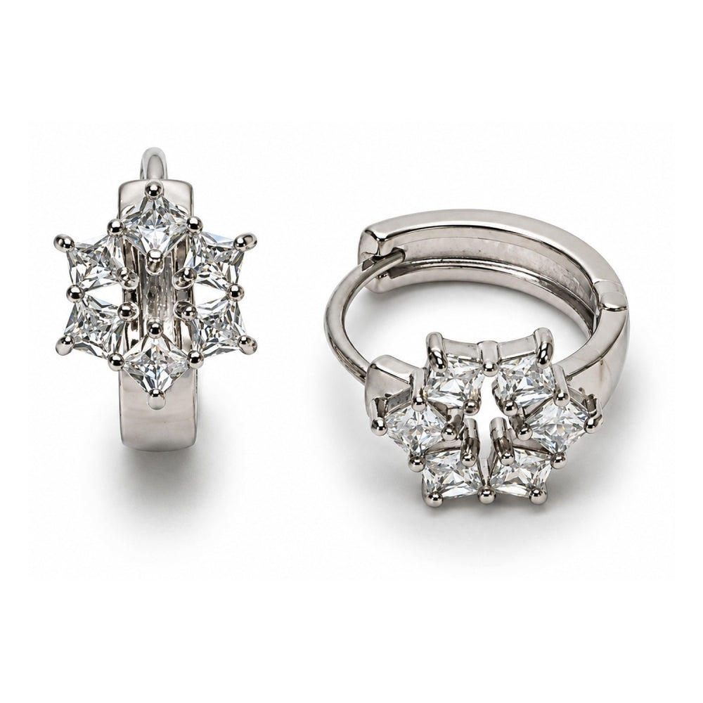 White Gold Filled Huggie Hoop, Cluster Design, with White Cubic Zirconia, Polished, Rhodium Finish