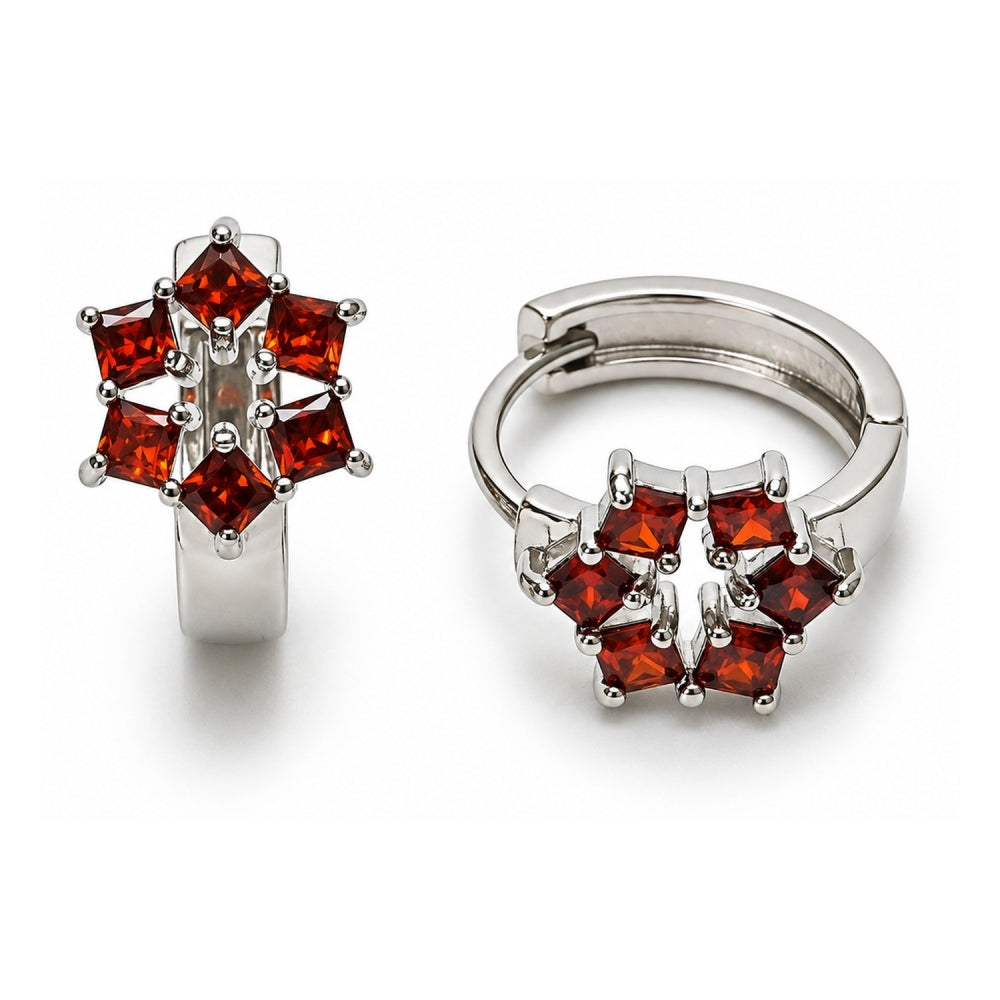 White Gold Filled Huggie Hoop, Cluster Design, with Garnet Cubic Zirconia, Polished, Rhodium Finish