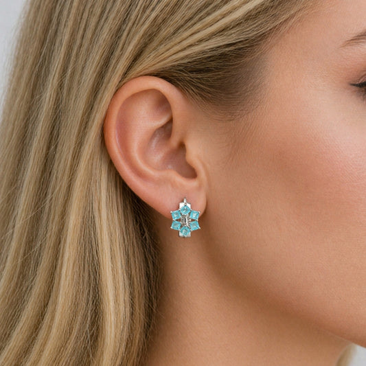 Rhodium Gold Filled Huggie Hoop, Cluster Design, with Light Turquoise Cubic Zirconia, Polished, Rhodium Finish