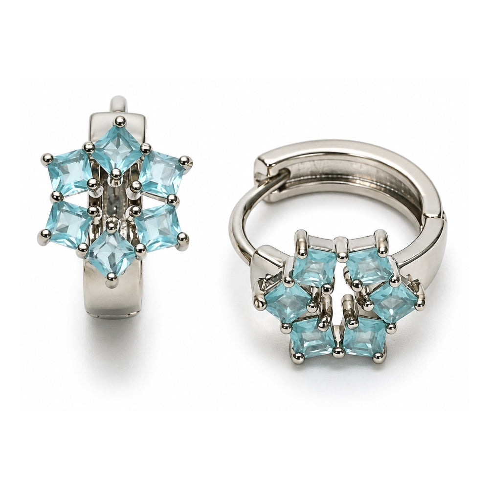 White Gold Filled Huggie Hoop, Cluster Design, with Light Turquoise Cubic Zirconia, Polished, Rhodium Finish