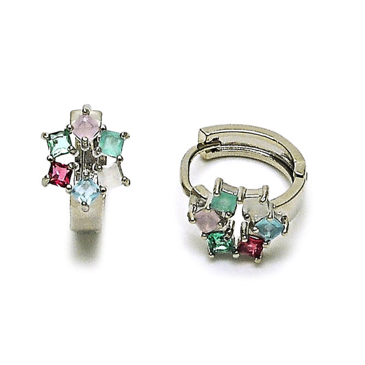 Rhodium Gold Filled Huggie Hoop, Cluster Design, with Multicolor Cubic Zirconia, Polished, Rhodium Finish