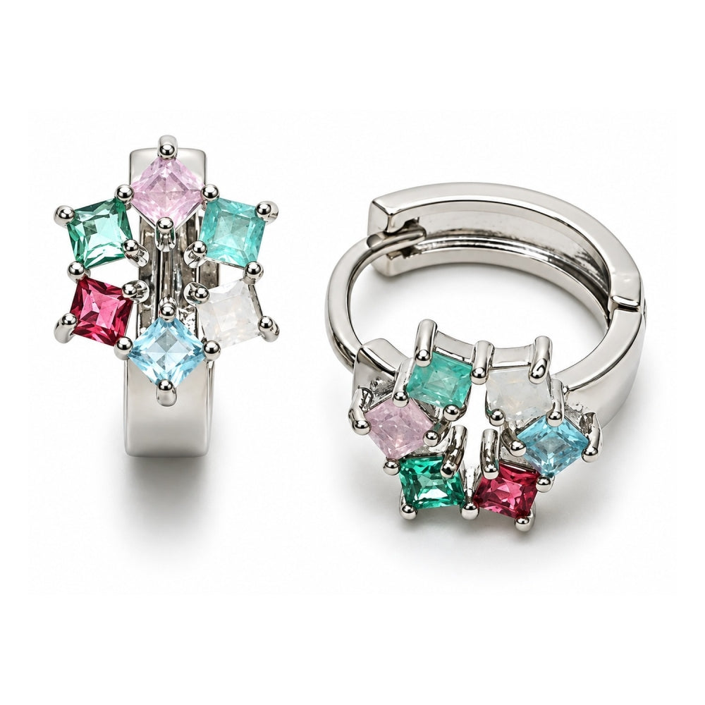 White Gold Filled Huggie Hoop, Cluster Design, with Multicolor Cubic Zirconia, Polished, Rhodium Finish