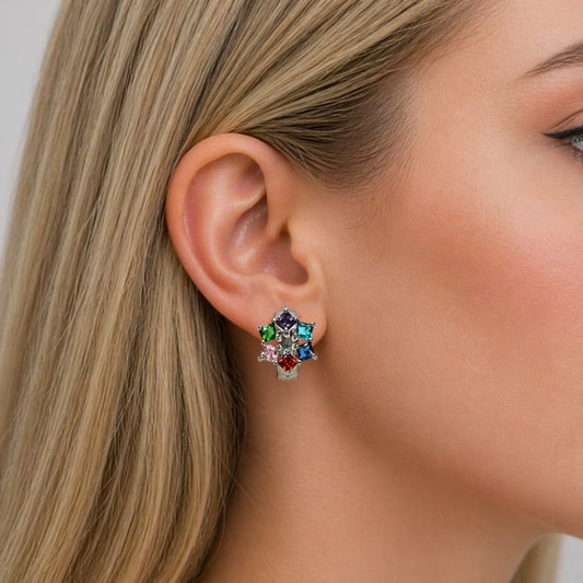 Rhodium Gold Filled Huggie Hoop, Cluster Design, with Multicolor Cubic Zirconia, Polished, Rhodium Finish