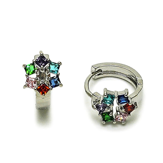 Rhodium Gold Filled Huggie Hoop, Cluster Design, with Multicolor Cubic Zirconia, Polished, Rhodium Finish