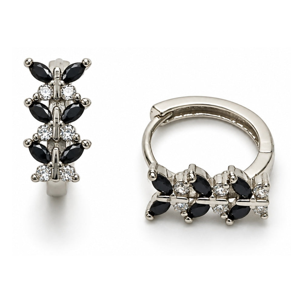 White Gold Filled Huggie Hoop, Butterfly Design, with Black and White Cubic Zirconia, Polished, Rhodium Finish