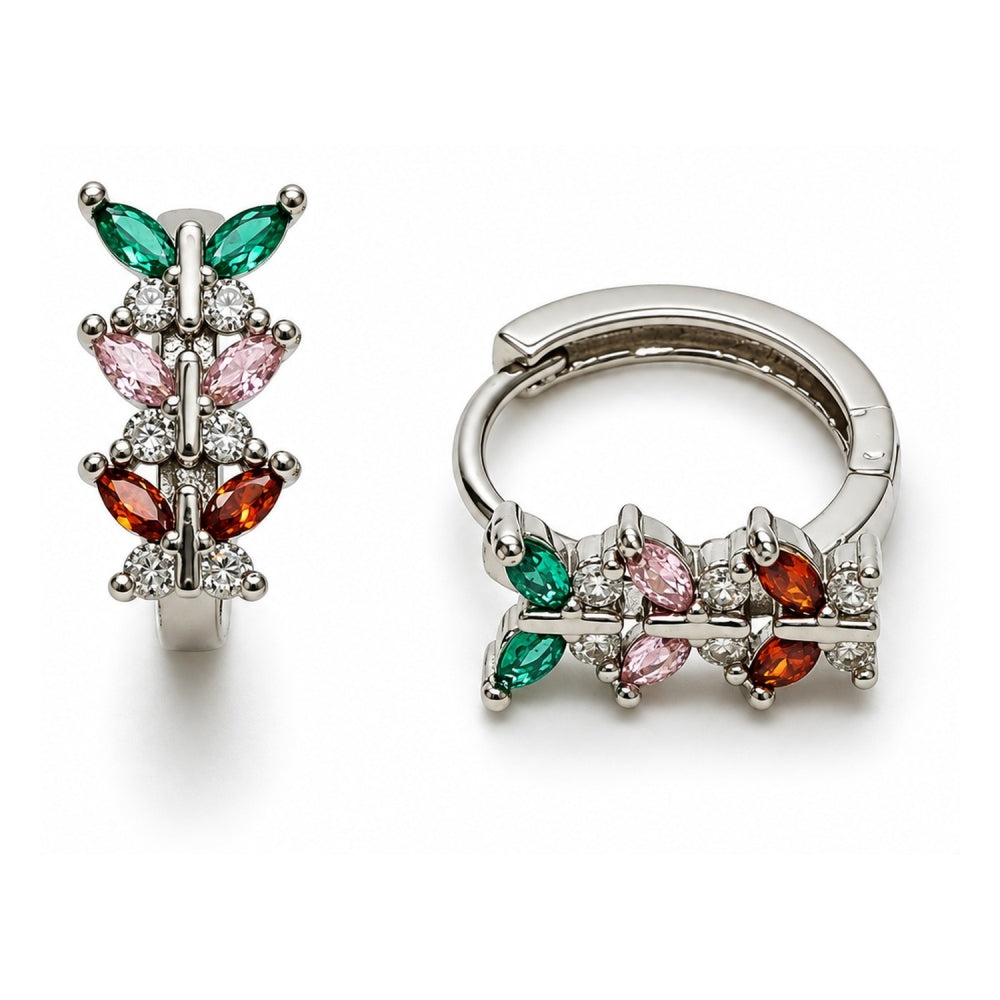 White Gold Filled Huggie Hoop, Butterfly Design, with Multicolor Cubic Zirconia, Polished, Rhodium Finish