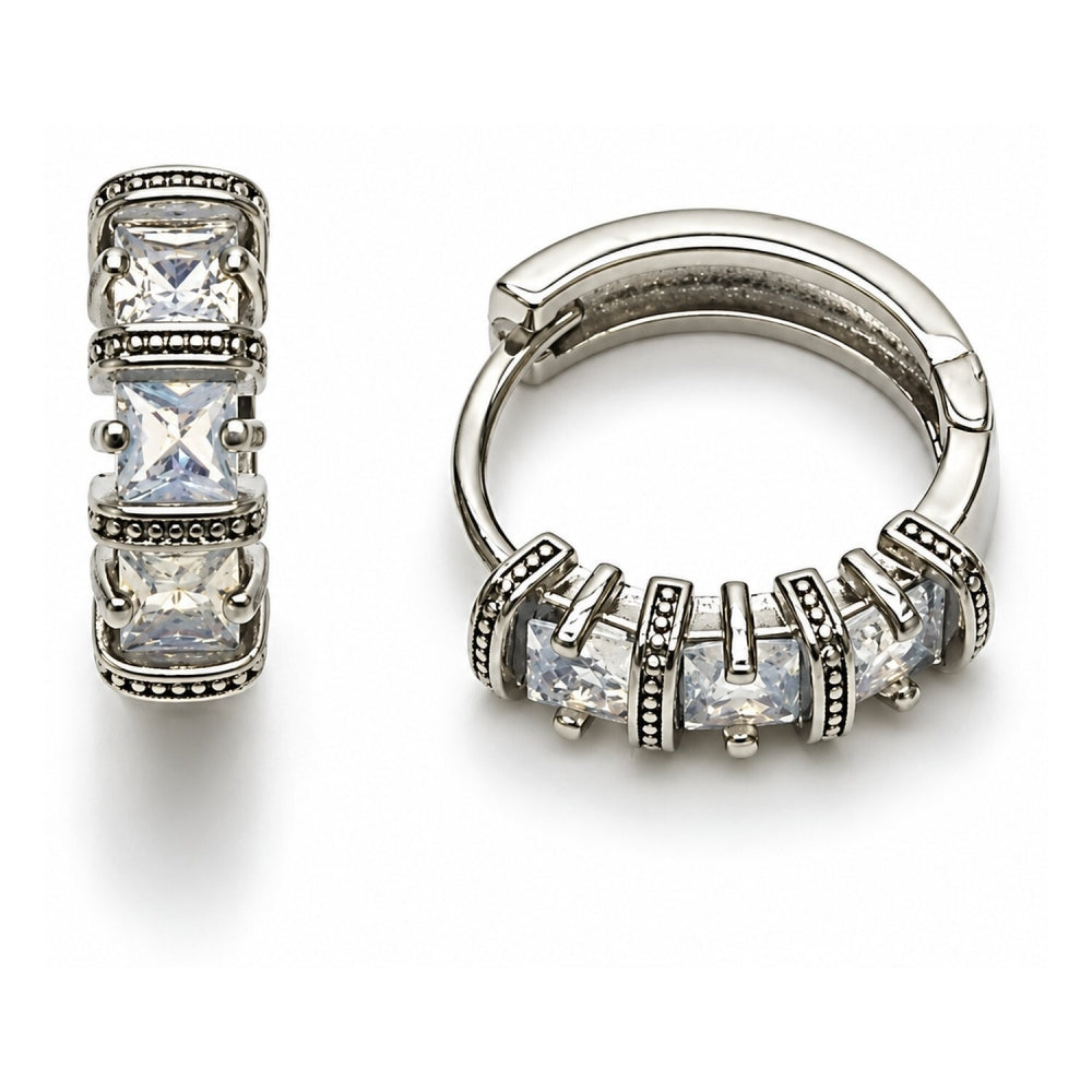 White Gold Filled Huggie Hoop, with White Cubic Zirconia, Polished, Rhodium Finish