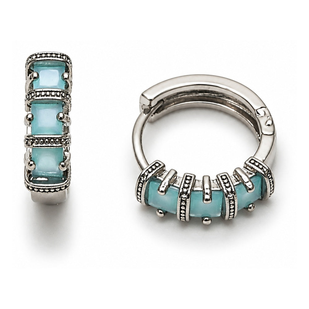 White Gold Filled Huggie Hoop, with Light Turquoise Cubic Zirconia, Polished, Rhodium Finish