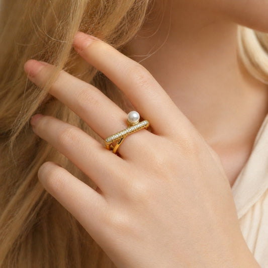 Oro Laminado Multi Stone Ring, Gold Filled Style Ball Design, with White Micro Pave and Ivory Pearl, Polished, Golden Finish