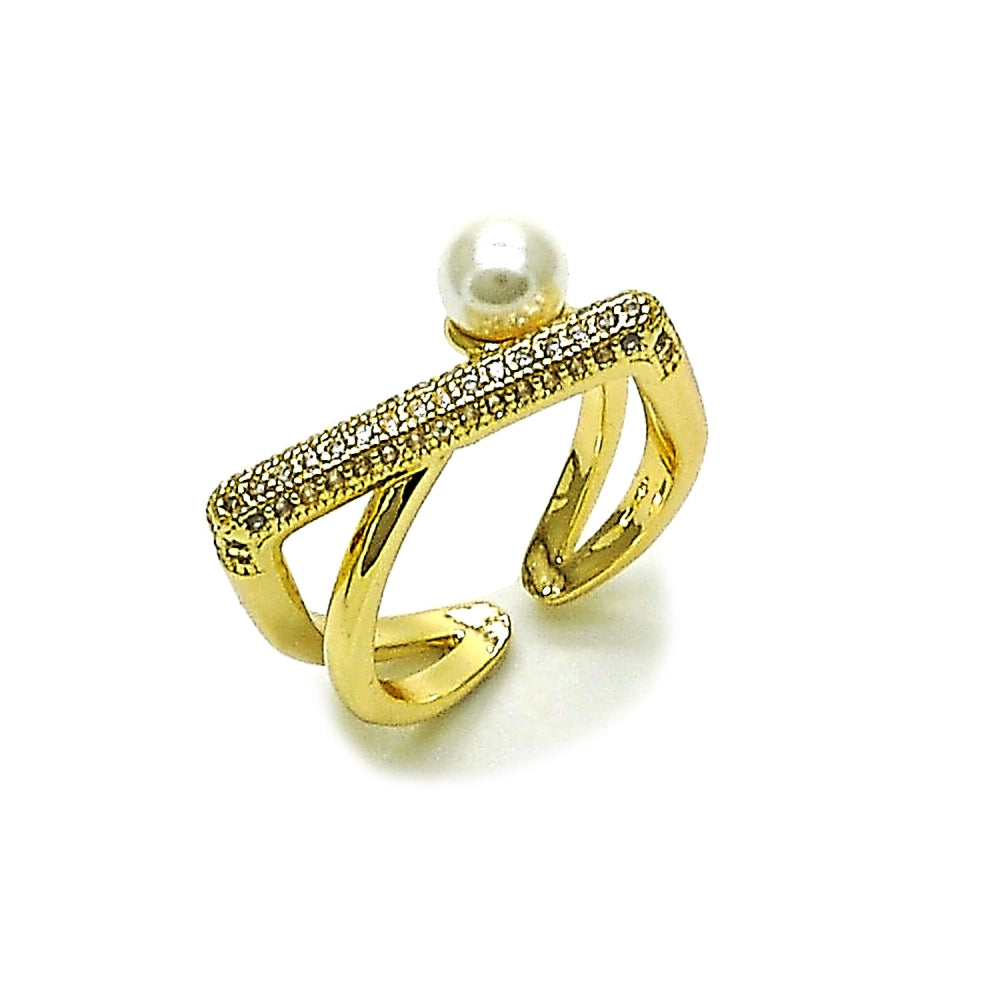 Oro Laminado Multi Stone Ring, Gold Filled Style Ball Design, with White Micro Pave and Ivory Pearl, Polished, Golden Finish