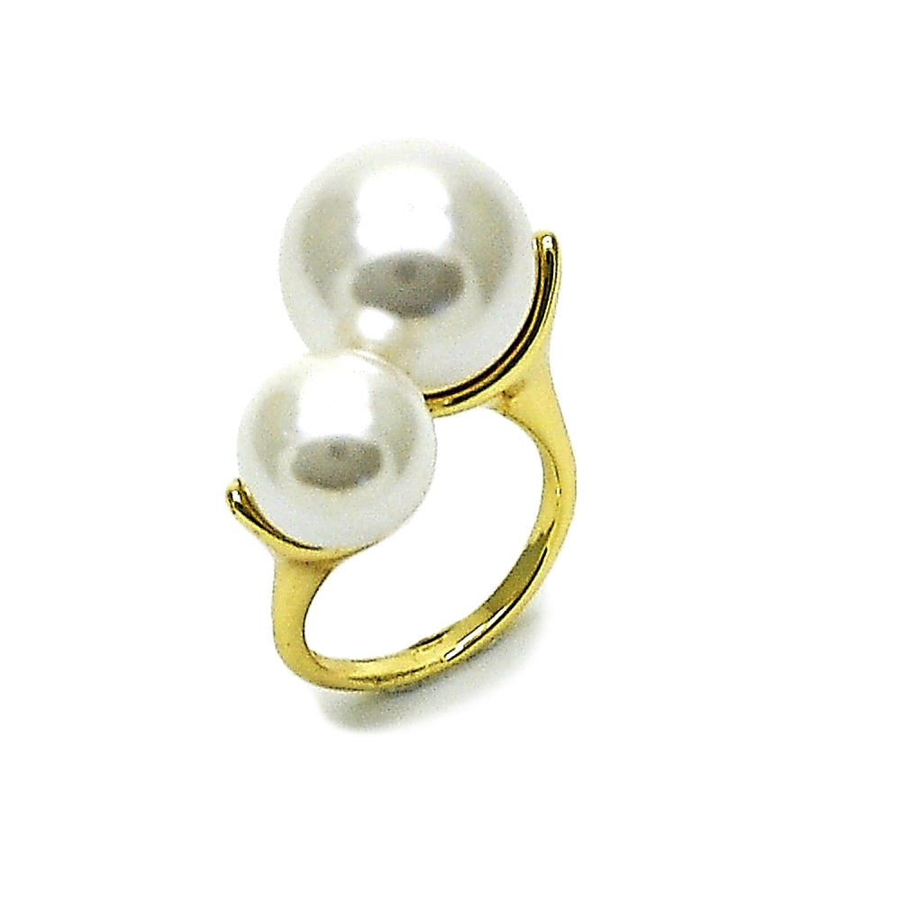 Oro Laminado Multi Stone Ring, Gold Filled Style Ball Design, with Ivory Pearl, Polished, Golden Finish
