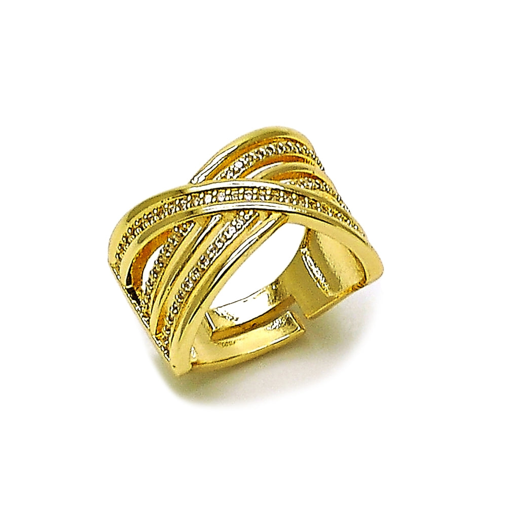 Oro Laminado Multi Stone Ring, Gold Filled Style Twist Design, with White Micro Pave, Polished, Golden Finish