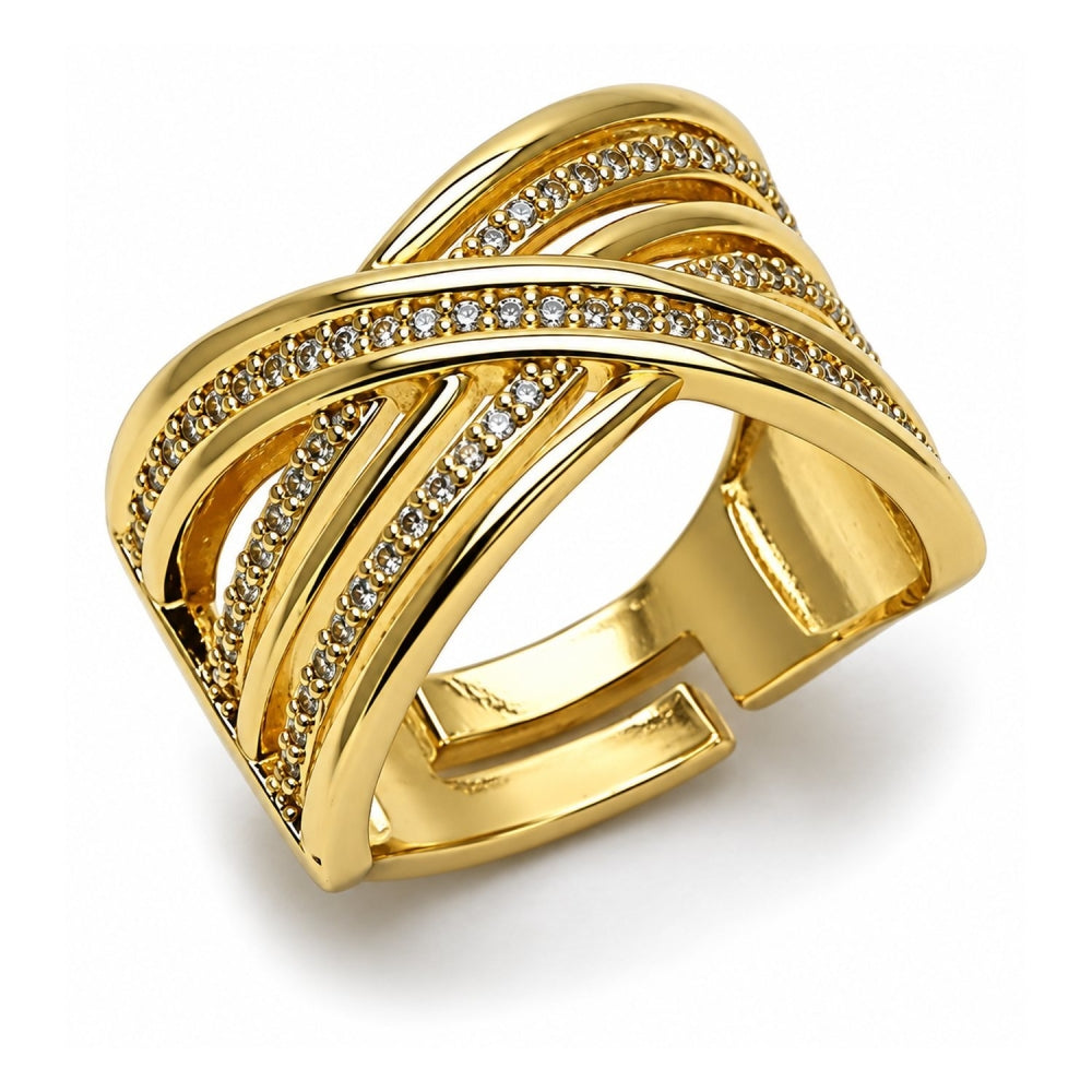 Oro Laminado Multi Stone Ring, Gold Filled Style Twist Design, with White Micro Pave, Polished, Golden Finish