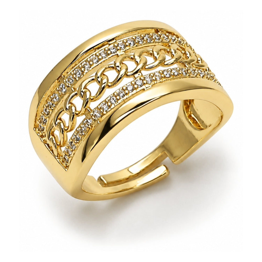 Oro Laminado Multi Stone Ring, Gold Filled Style Miami Cuban Design, with White Micro Pave, Polished, Golden Finish