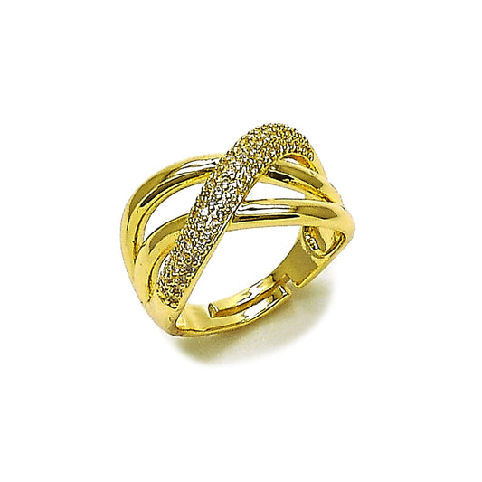 Oro Laminado Multi Stone Ring, Gold Filled Style Twist Design, with White Micro Pave, Polished, Golden Finish