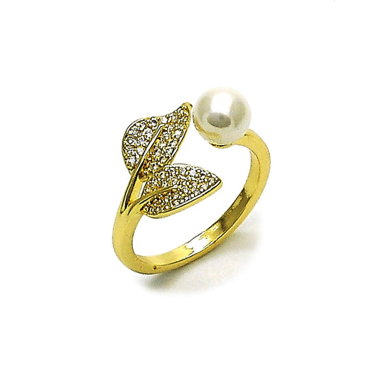 Oro Laminado Multi Stone Ring, Gold Filled Style Cherry Design, with Ivory Pearl and White Micro Pave, Polished, Golden Finish