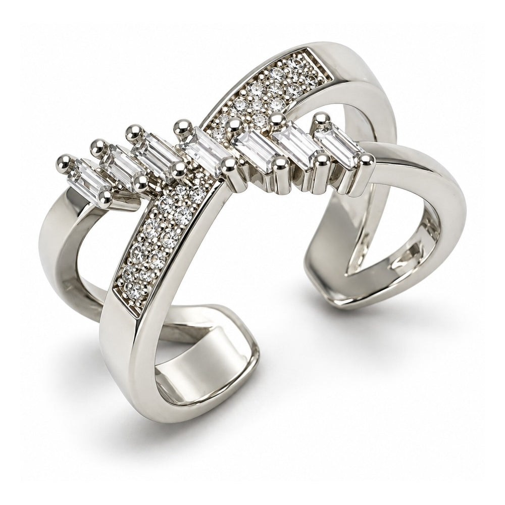 White Gold Filled Multi Stone Ring, Baguette Design, with White Cubic Zirconia and White Micro Pave, Polished, Rhodium Finish