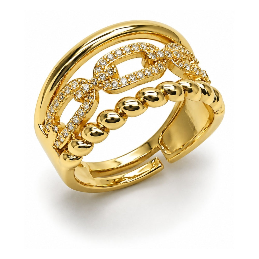 Oro Laminado Multi Stone Ring, Gold Filled Style Paperclip and Twist Design, with White Micro Pave, Polished, Golden Finish