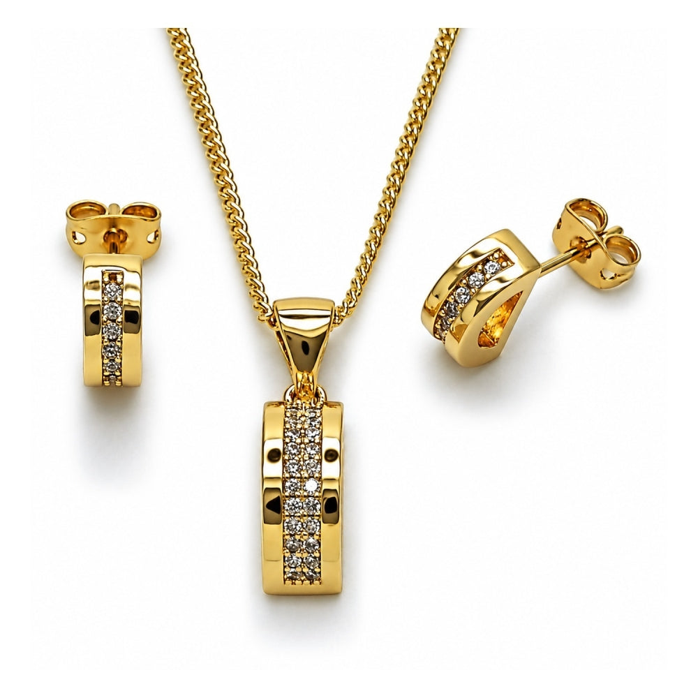 Oro Laminado Earring and Pendant Adult Set, Gold Filled Style with White Micro Pave, Polished, Golden Finish