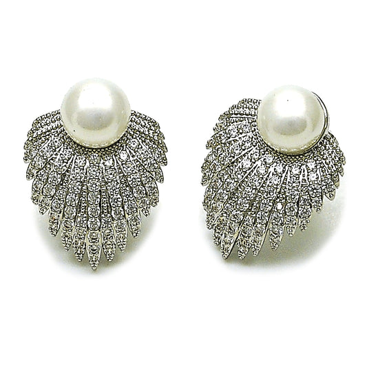 Rhodium Gold Filled Stud Earring, Flower and Ball Design, with White Cubic Zirconia and Ivory Pearl, Polished, Rhodium Finish