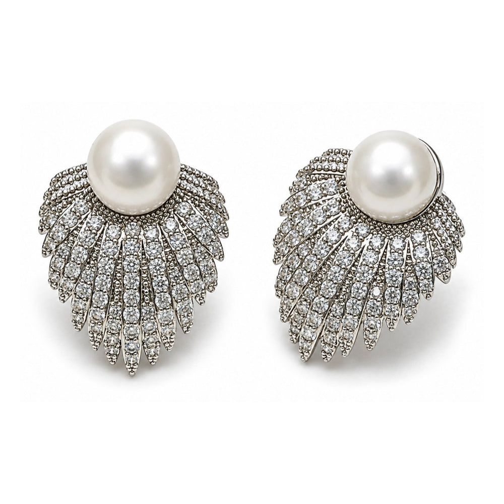 White Gold Filled Stud Earring, Flower and Ball Design, with White Cubic Zirconia and Ivory Pearl, Polished, Rhodium Finish